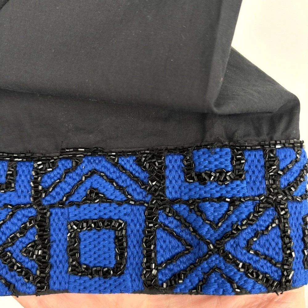 Tory Burch Cotton Tunic‎ Blue Black Embroidered Beaded Boho Top Size 6